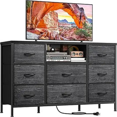 Dresser TV Stand with Power Outlet & 8 Fabric Drawers – Storage Media Console for Bedroom & Living Room