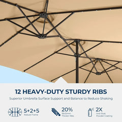 Double Sided Patio Umbrellas - 13ft Solar Lights LED Lighted Outdoor Extra Large Market Table Umbrella with Base Included