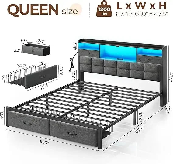 Queen Size Bed Frame with Drawers & Charging Station, Upholstered Platform Bed with LED Storage Headboard