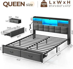 Queen Size Bed Frame with Drawers & Charging Station, Upholstered Platform Bed with LED Storage Headboard