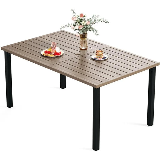 HERA'S HOUSE Outdoor Dining Table for 6, Rectangular Metal Patio Table with Umbrella Hole, 6-Person Weather Resistant Wood-Like