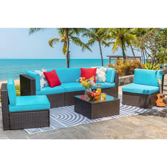 6 Piece Small Patio Furniture Sets, All Weather PE Wicker Rattan Outdoor Sectional Sofa with Glass Table, Cushions and Pillows