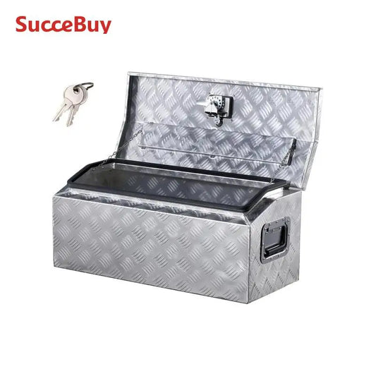 SucceBuy Heavy Duty Aluminum Truck Bed Tool Box Stripes Plated Tool w/ Side Handle T-Lock Keys Storage Toolbox Chest Organizer