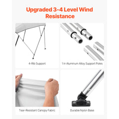SucceBuy 4 Bow Boat Bimini Tops 600D Polyester Canopy with Aluminum Alloy Frame Waterproof&Sun Shade Boat Awning Canopy with Bag