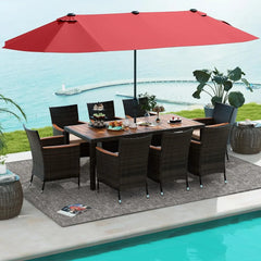 10Piece Patio Rattan Dining Set w/15Ft Double-Sided Umbrella, Outdoor Heavy Duty Acacia Wood Table & Stackable Wicker Chairs Set