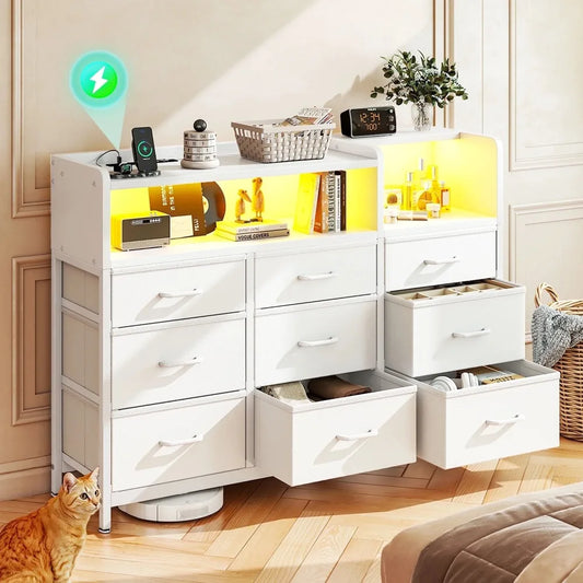 Dresser with LED Lights and Charging Station 52Inch Long Dresser for Bedroom with 9Large Storage Drawers Fabric Dresser TV Stand