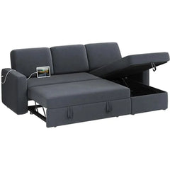 L-Shaped Sectional Sofa Bed with Chaise & USB, Reversible Storage Sleeper Convertible Trundle Fabric Couch