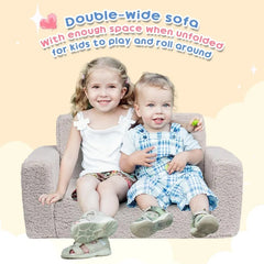 Fold Out Toddler Couch, Extra Wide Comfy 2-in-1 Cuddly Sherpa Sofa for Kids, with Removable Baby Friendly Blanket, Convertible
