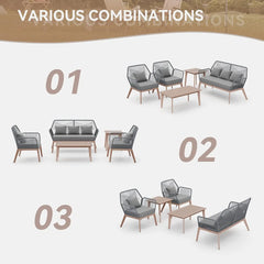 Outdoor Patio Furniture Set,5 Pieces Indoor Rope Woven Sectional Sofa Set Modern Oak Patio Conversation Sets with Wooden T