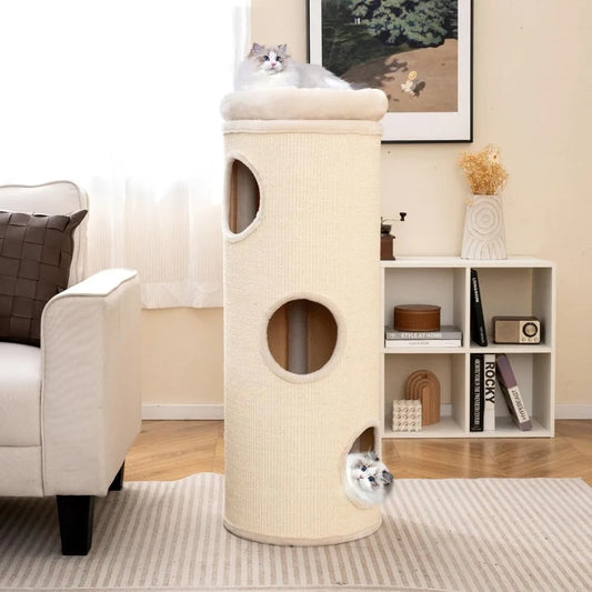 4 Story Cat Tree Condo, 49” Barrel-Shaped Cat House with Detachable Sisal Scratching Board, 3 Hideaways & Removable Soft Top