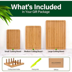 Bamboo Cutting Board Set of 3 with Juice Groove Ergonomic Handles Durable Kitchen Chopping Board Meat Fruit Serving Tray Storage