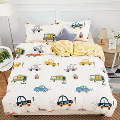 Kids Duvet Cover Set Full Size, Cotton Cartoon Car Truck Bedding Set for Boys Girls, 3 Pieces Soft Breathable White Yellow Plaid
