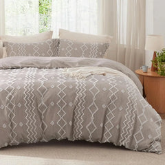 Boho Duvet Cover King Size - Checkered King Duvet Cover Set for All Seasons, 3 Pieces Soft Shabby Chic Embroidery Boho Bedding