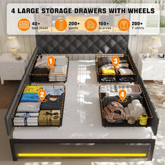 Queen Bed Frame with Headboard and 4 Under-Bed Storage Drawers, Upholstered Bed Frame Queen Size with LED Light and Charging Sta