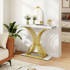 Modern Gold Console Table 39" Entryway Table with White Faux Marble Living Room Indoor