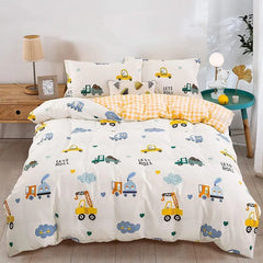 Kids Duvet Cover Set Full Size, Cotton Cartoon Car Truck Bedding Set for Boys Girls, 3 Pieces Soft Breathable White Yellow Plaid