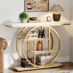 Console Table, Industrial 4-Tier Sofa Table Entryway Table with Circle Base, Narrow Wood Accent Tables with Sto