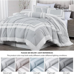 Collection Caprice Silver/White Comforter Set Full Size, 7-Piece Square Pattern Hotel Style Bedding Set for All Seasons