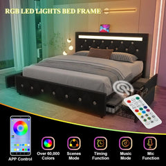 Queen Size Bed Frame with 4 Drawers, Adjustable LED Headboard, PU Leather Upholstered Storage Platform Bed with USB Charging Station