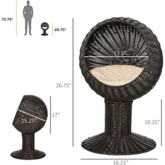27-inch Cat Bed, Rattan Cat House, Elevated Cat House, Kitten Scratching House, with Mat, Dark Brown