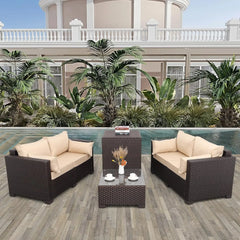 Outdoor Courtyard Furniture Set, Willow Sofa with Cushions and Coffee Table, Garden Outdoor Sofa Set, 4 Pcs