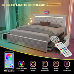 Queen Size Bed Frame with 4 Drawers, Adjustable LED Headboard, PU Leather Upholstered Storage Platform Bed with USB Charging Station