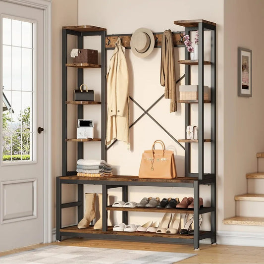 Entryway Hall Tree with Bench and Shoe Storage Shelves, 5-in-1 Coat Rack with Shoe Storage Bench, Industrial Mudroom Be