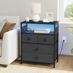 Nightstand with Charging Station, Bedside Table with 4 Drawers and 2-Tier Shelf, Modern End Table with Wooden Top for Bedroom,