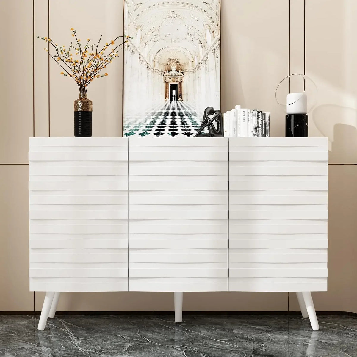 47.2“W Buffet Cabinet Sideboard with 2 Adjustable Shelves, Modern Credenza Cupboard with 3 Stylish Doors, Wood Storage Cabinet.
