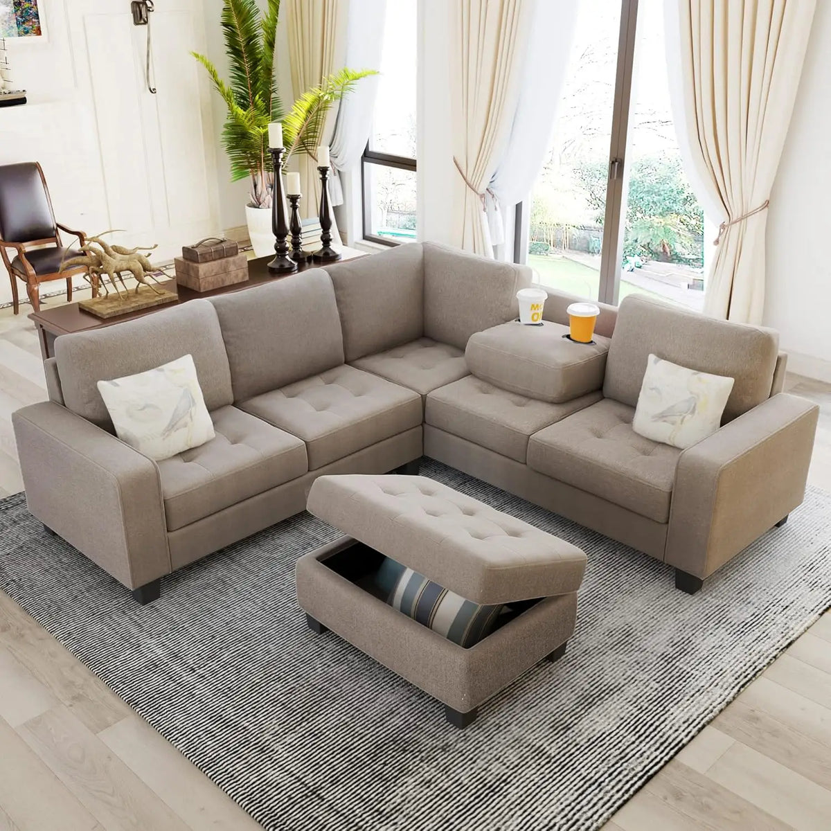 Sectional Sofa Couch with Reversible Chaise, Storage Ottoman, and Cup Holders – L-Shaped Sofa Lounge for Living Room