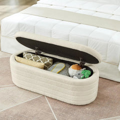 Modern Oval Storage Ottoman Bench – Upholstered Boucle Teddy Fabric with Hidden Storage, Black