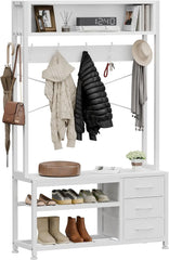 Hall Tree with Bench and Shoe Storage, 31.5" Coat Rack Freestanding with 2-Tier Storage Shelf, 6-in-1 Entryway Bench Coat