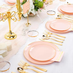 350PCS Pink and Gold Plastic Plates - Pink Disposable Plastic Dinnerware Set, Disposables Party Tableware