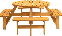6 Person Outdoor Picnic Table, Round Picnic Table with 3 Built-in Benches, Umbrella Hole,Outside Wood Picnic Table and Bench Set