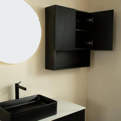 26" Wall-Mounted Fluted Side Cabinet for Bathroom Storage, Black Storage Compartment with 2 Doors and Shelves
