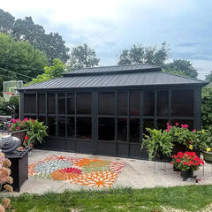 12' X 20' Sunroom, Permanent Hardtop Gazebo Solarium Galvanized Steel Double Roof Aluminum Outdoor Screen House for Patio Deck