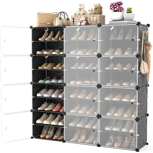Shoe Rack Organizer with Door, 48 Pairs Shoe Storage Cabinet Easy Assembly, Plastic Adjustable