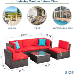 6 Piece Small Patio Furniture Sets, All Weather PE Wicker Rattan Outdoor Sectional Sofa with Glass Table, Cushions and Pillows