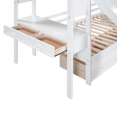 Wood Twin Over Twin Bunk Bed with Desk and Slide,Drawers Bookcase and Storage Staircase for Kids, White