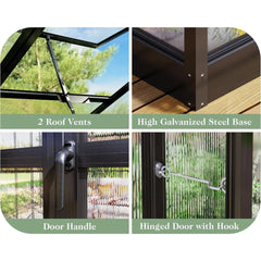 Aluminum Polycarbonate Greenhouse with Ventilation and Rain Gutter, Double Swing Doors with Hook, Greenhouses