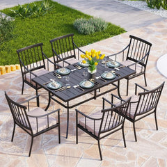 7 Piece Patio Dining Table Set with Cushion, Large Rectangular Metal Dining Table with Umbrella Hole & 6 Cushioned Iron Chairs