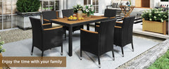 7 Piece Patio Furniture Set, Outdoor Dining Acacia Wood Table Top Rattan Conversation Set with Soft Cushions, 6 Chairs & 1 Table