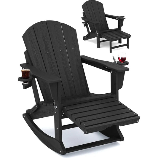 Adirondack Rocking Chair with Retractable Ottoman and Cup Holders, HDPE Adirondack Rocker Patio Rocking Chair for Porch, Patio,