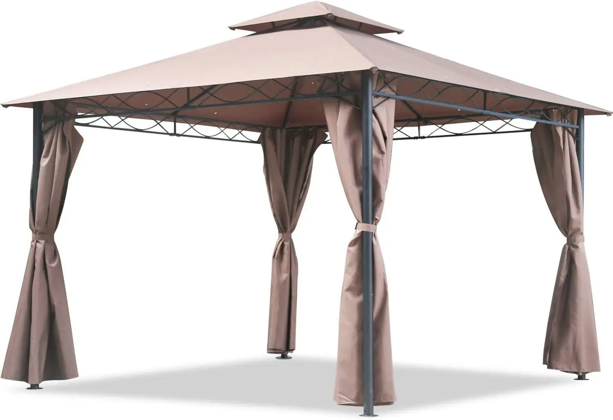 10 'x13' Outdoor terrace Terrace Heavy steel frame canopy, double roof, Privacy curtains (brown)