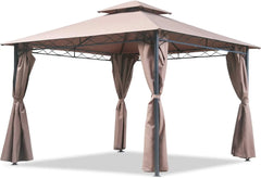 10 'x13' Outdoor terrace Terrace Heavy steel frame canopy, double roof, Privacy curtains (brown)