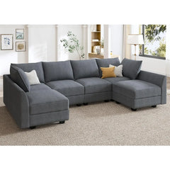 Bluish Grey U-Shaped Modular Sectional Sofa with Storage Seats – Convertible Sleeper Couch