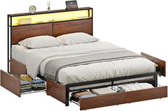 Queen Bed Frame with Storage Headboard and 4 Drawers Bed Frame Queen Size with Charging Station LED Lights Metal