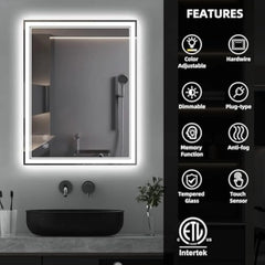 Led Bathroom Mirror 28×20Inch,Dimmable Vanity Mirror with Lights,可调节,防雾, El Listed (Front Lights+Backlit)
