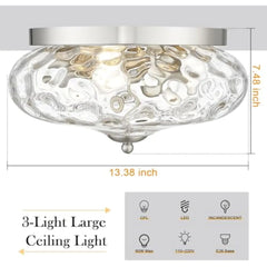 Large Ceiling Light Fixtures 3-Ight Flush Mount Indoor Outdoor Ceiling Light with Water Ipple Glass Shade for Kitchen Bedroom