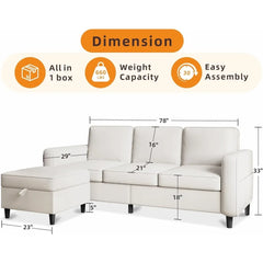 Sectional Sofa Couches for Living Room - 78'' Beige 3 Seat L-Shaped Couch , Modern Linen Convertible Sectionals Sofas